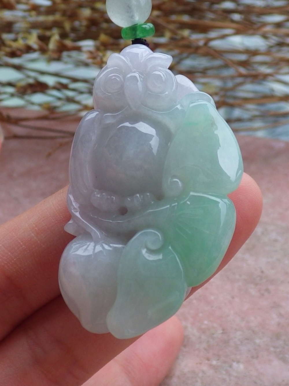 Certified Natural Burma A Jade jadeite Owl Lotus Flower Peach Ruyi Pendant